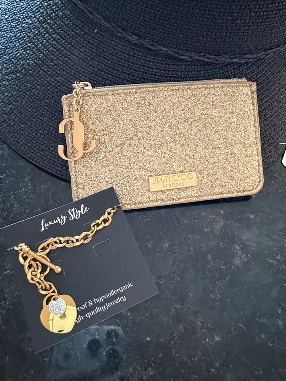 Jimmy Choo perfumes Glitter Card Pouch in Champagne Gold bonus necklace